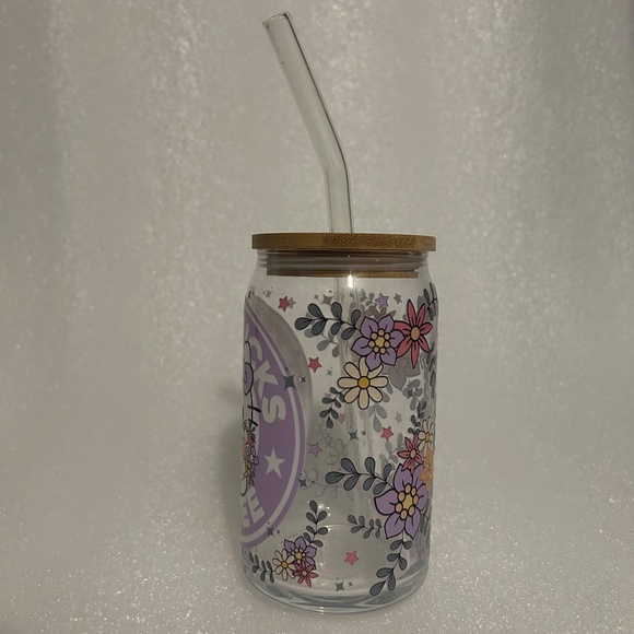 Hello Kitty Starbucks Floral Glass Libby Cup w/ Lid and Glass Straw- 16oz - Picture 2 of 5
